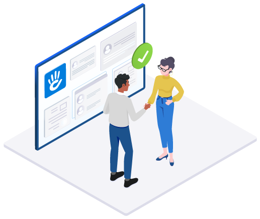 Cartoon illustration of business partners shaking hands in front of screen.